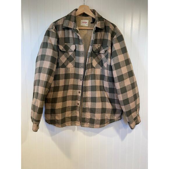 Wrangler Sherpa Fleece Lined Flannel Shirt Mens Med Jacket Green Plaid Outdoor - Picture 1 of 5